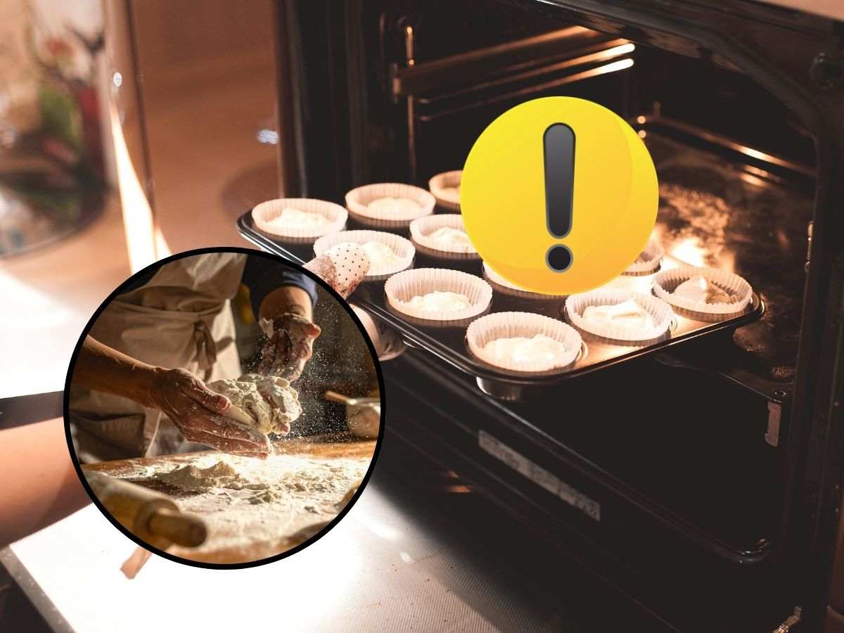 sfondo forno con dolcetti e simbolo punto esclamativo e tondo con persona che impasta con farina